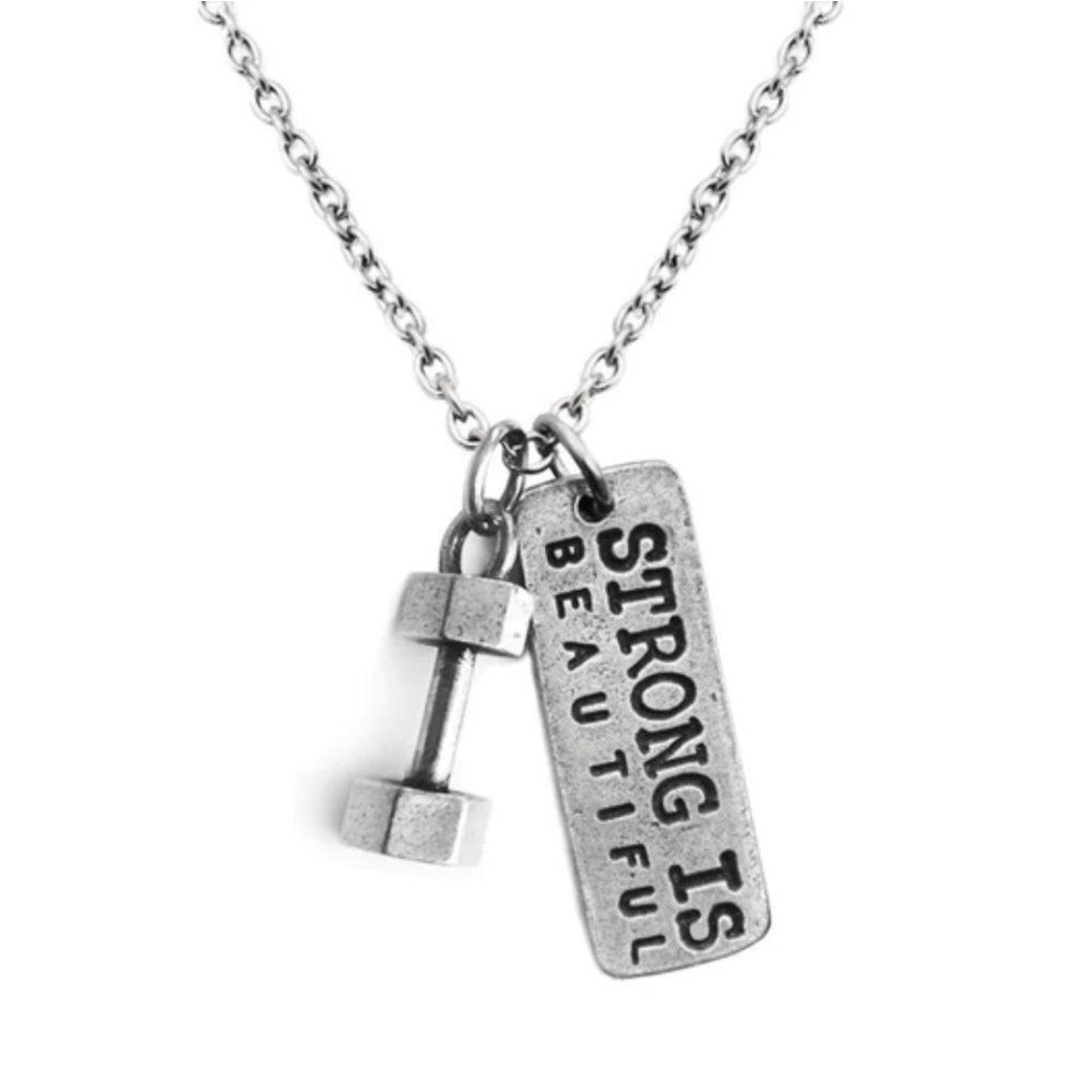 NWT 🏋🏼‍♀️ Strong Is Beautiful (Dumbbell) Necklace Silver Chain Link